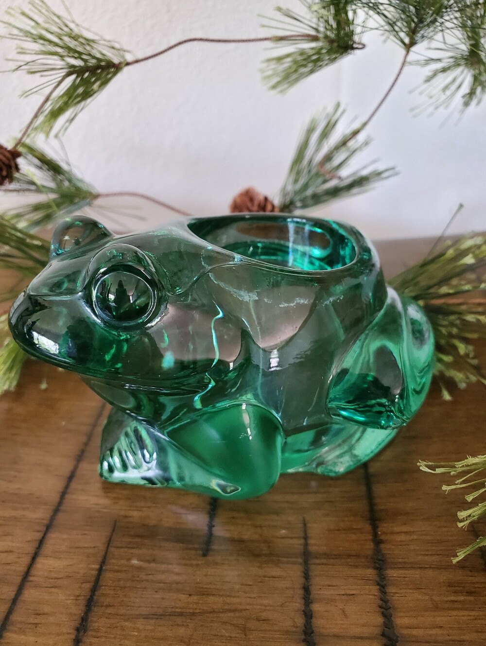 Vintage Indiana Glass Green Frog Votive Candle Holder 1970s Retro MCM Boho